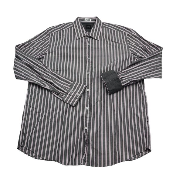 Hugo Boss Shirt Mens XL Gray Purple Striped Flip Cuff Office Button Up Dress - Picture 1 of 16
